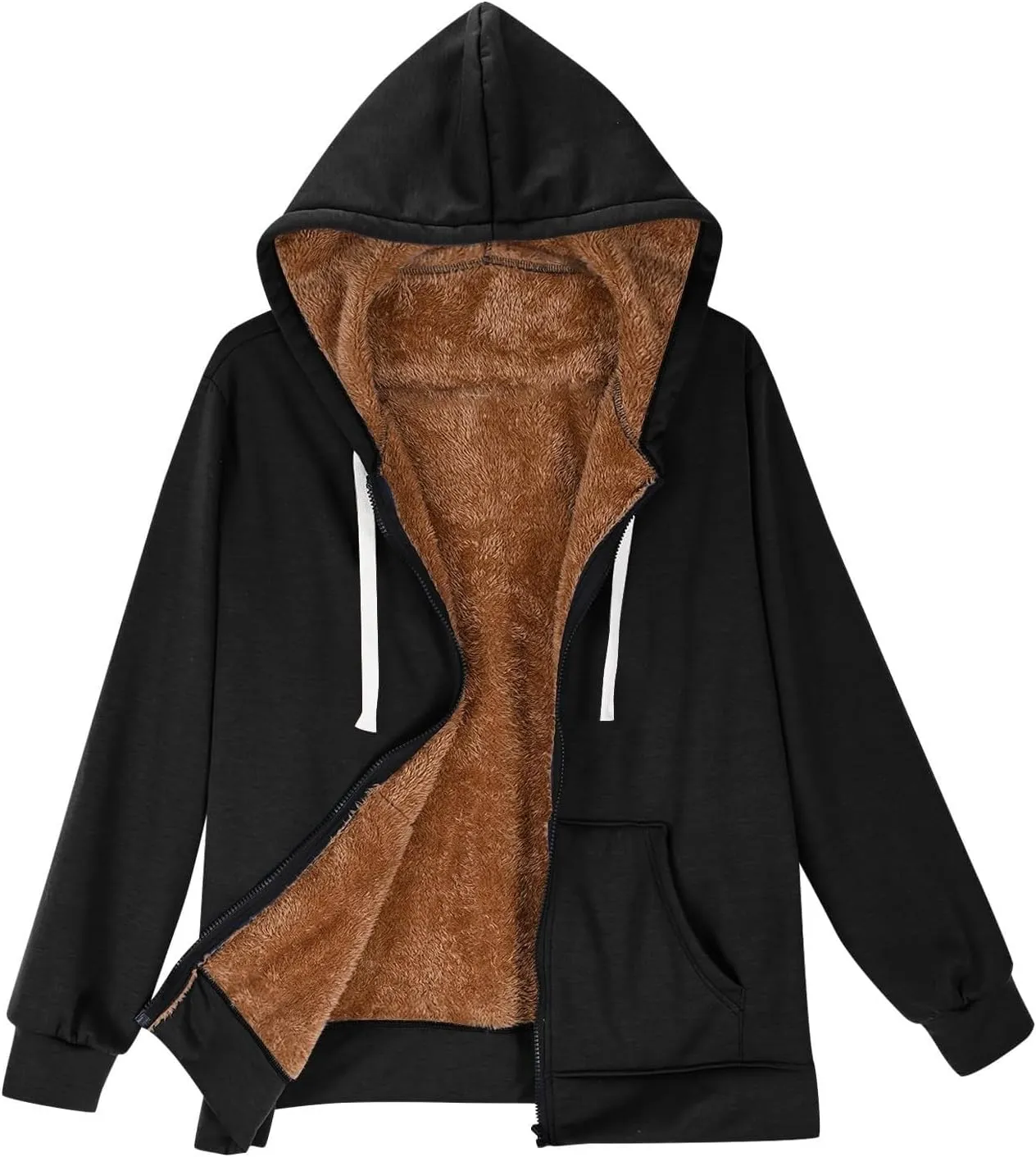 Fleece Lined Zip Up Hoodie Women Plus Size Hooded Sweatshirt Fuzzy Sherpa Lined Jacket Casual Drawstring Winter Coats