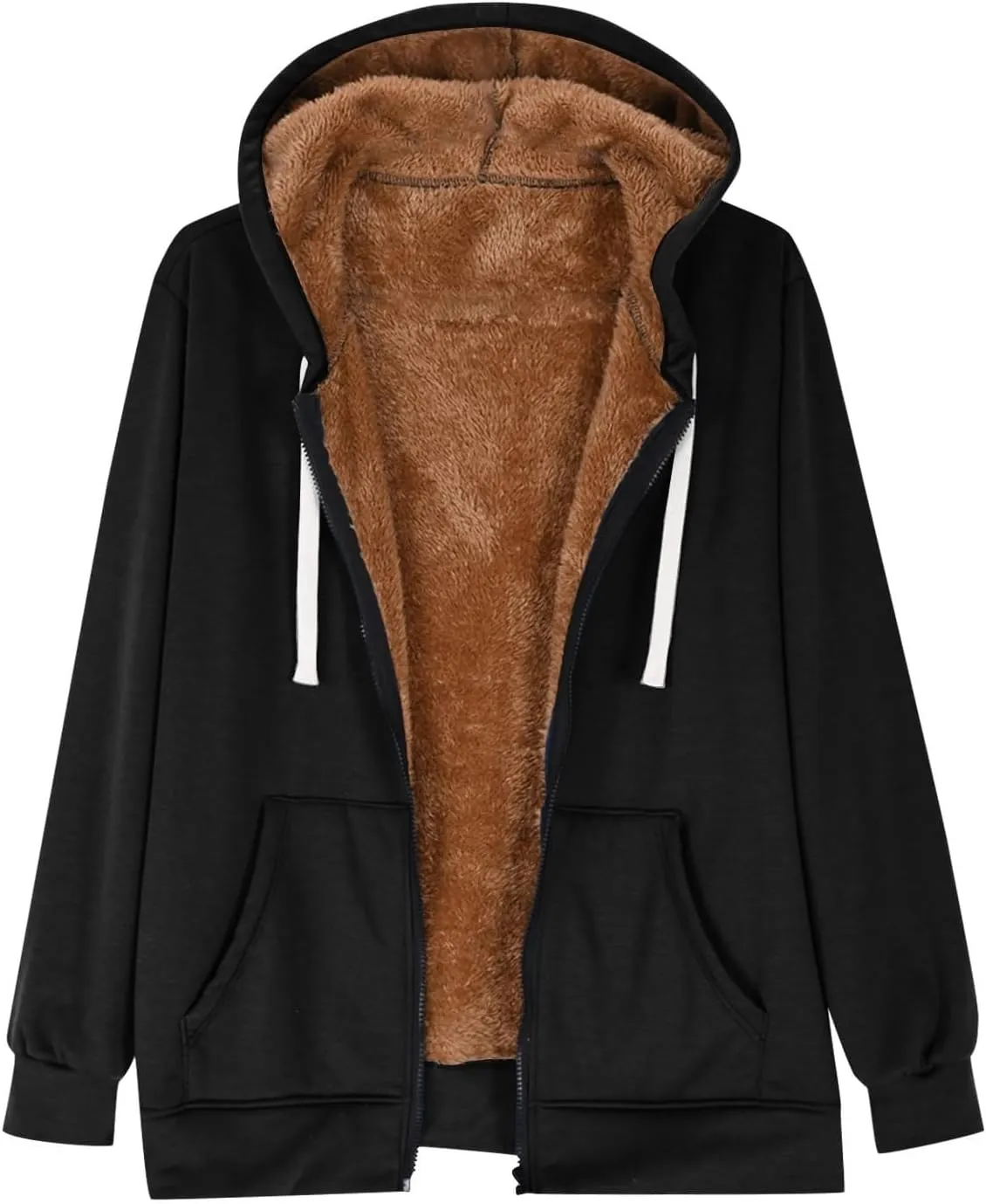 Fleece Lined Zip Up Hoodie Women Plus Size Hooded Sweatshirt Fuzzy Sherpa Lined Jacket Casual Drawstring Winter Coats