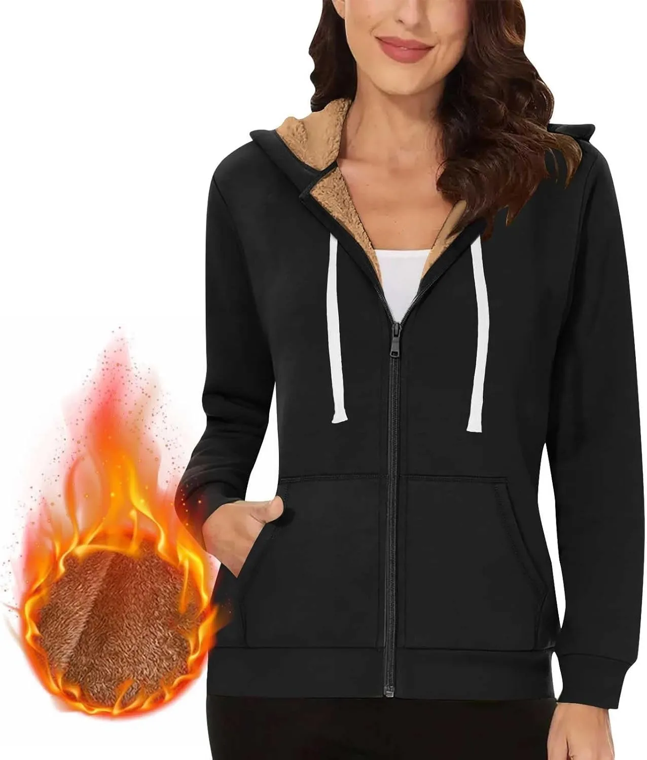 Fleece Lined Zip Up Hoodie Women Plus Size Hooded Sweatshirt Fuzzy Sherpa Lined Jacket Casual Drawstring Winter Coats