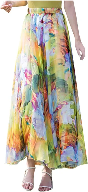 Floral Print Maxi Skirt Women High Waist A-Line Long Skirt Casual Skirt