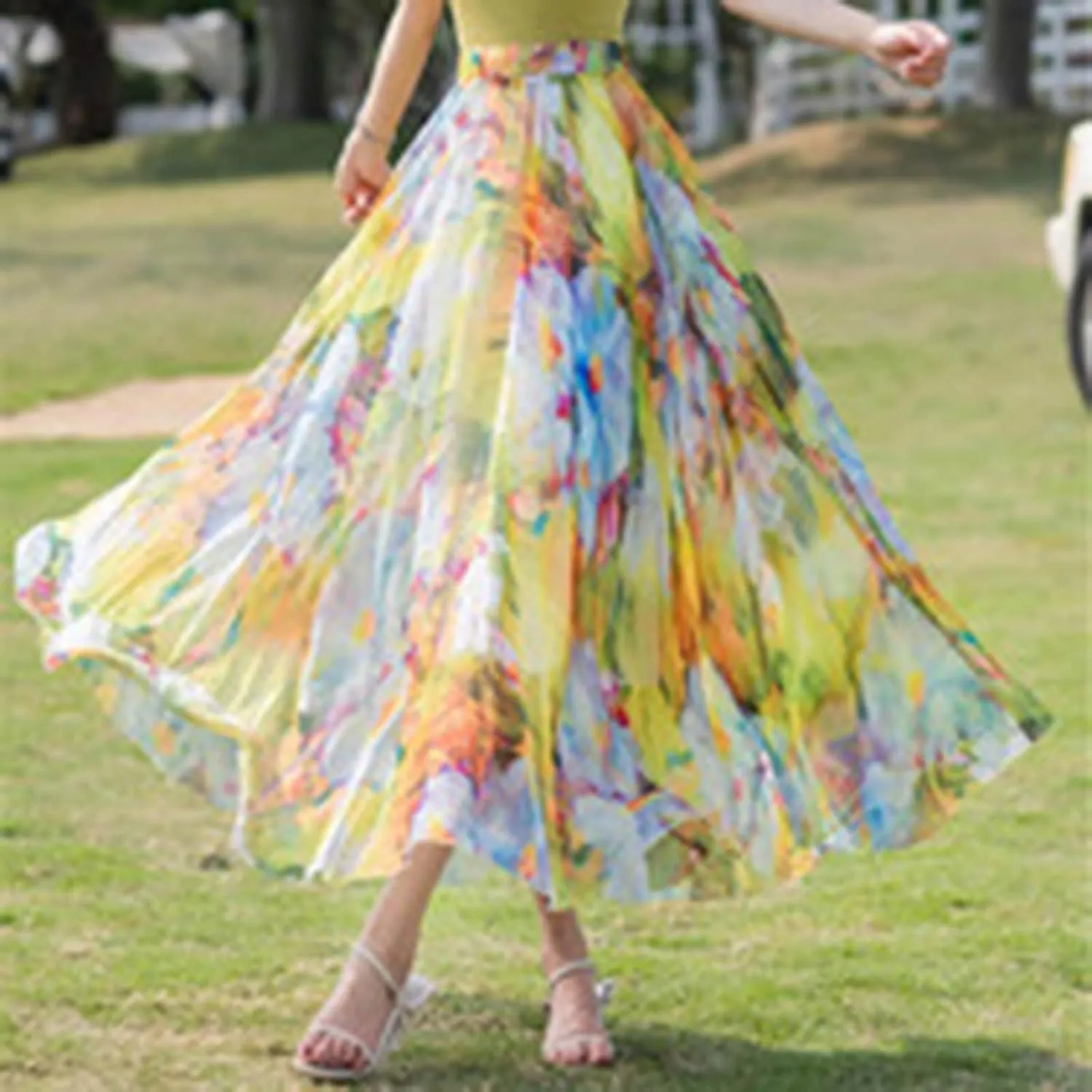 Floral Print Maxi Skirt Women High Waist A-Line Long Skirt Casual Skirt