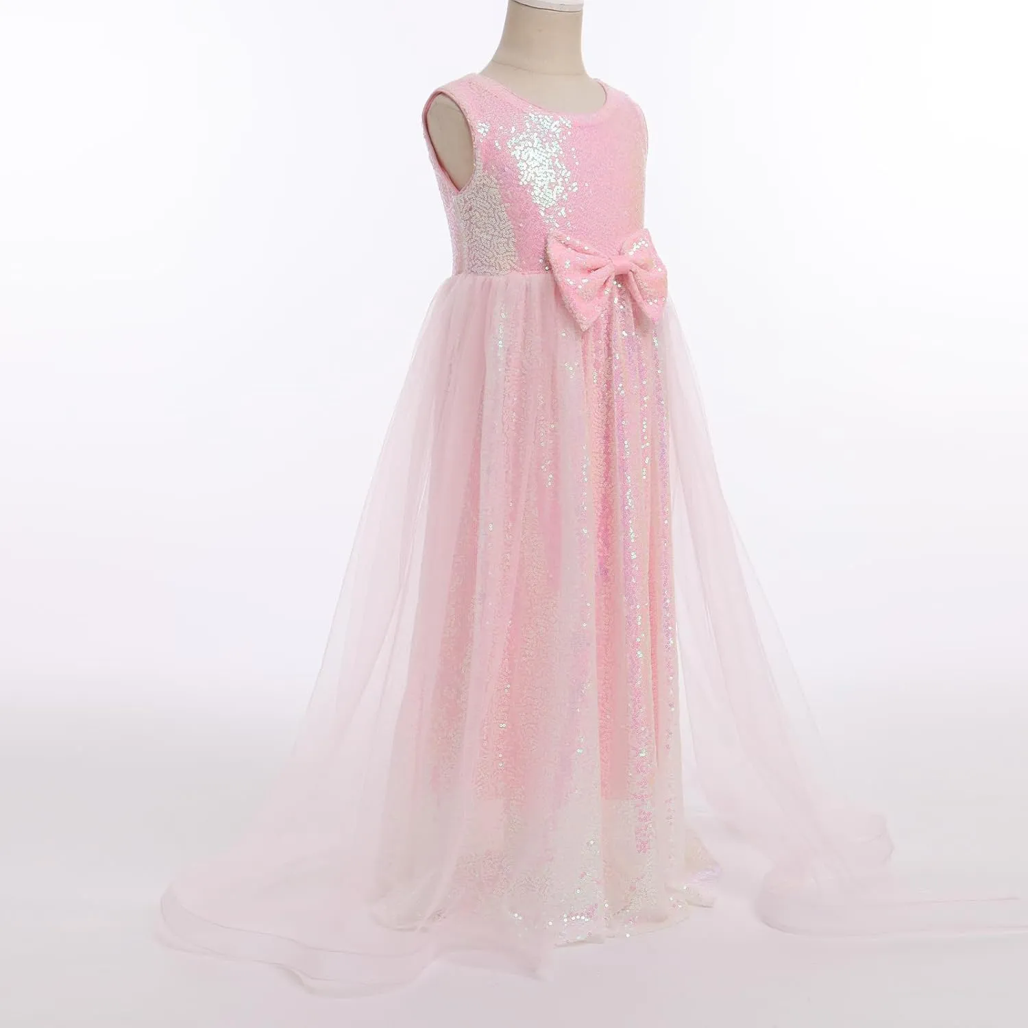 Flower Girls Sequin Dress Sleeveless Glitters Princess Tulle Long Maxi Dress Pageant Birthday Wedding Party Gown