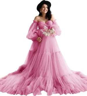 Fluffy Tulle Robe Sheer Maternity Dress for Photoshoot V Neck Bridal Lingerie Long Baby Shower Dress Pregnancy Gowns