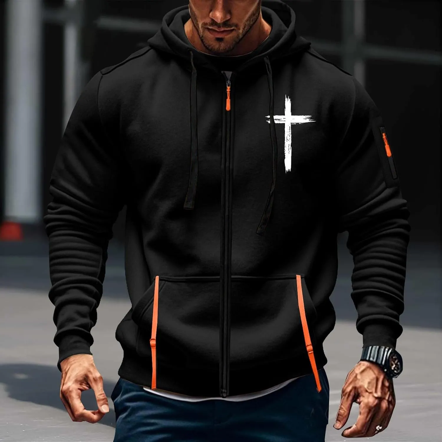 Full Zip Hoodies for Men Cross Religious Christian Graphic Shirt Long Sleeve Spring Sweatshirts with Zipper Pocket