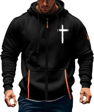 Full Zip Hoodies for Men Cross Religious Christian Graphic Shirt Long Sleeve Spring Sweatshirts with Zipper Pocket