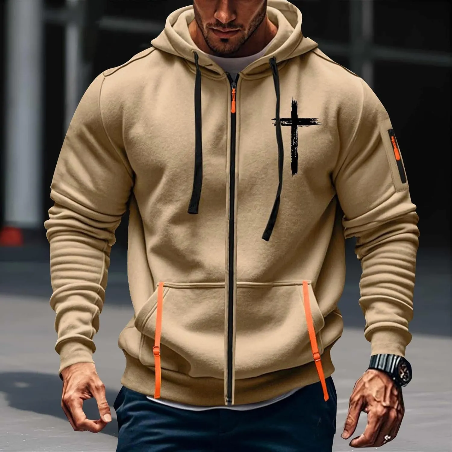 Full Zip Hoodies for Men Cross Religious Christian Graphic Shirt Long Sleeve Spring Sweatshirts with Zipper Pocket