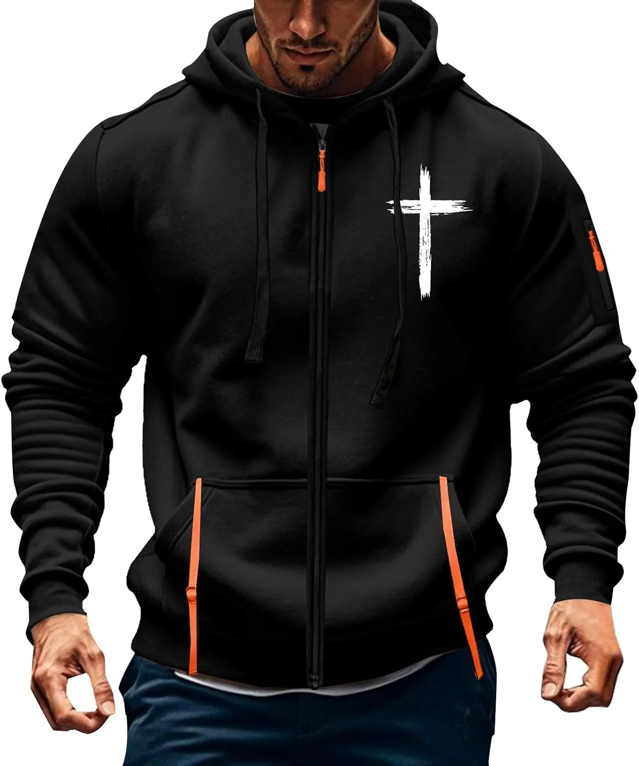 Full Zip Hoodies for Men Cross Religious Christian Graphic Shirt Long Sleeve Spring Sweatshirts with Zipper Pocket