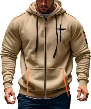 Full Zip Hoodies for Men Cross Religious Christian Graphic Shirt Long Sleeve Spring Sweatshirts with Zipper Pocket