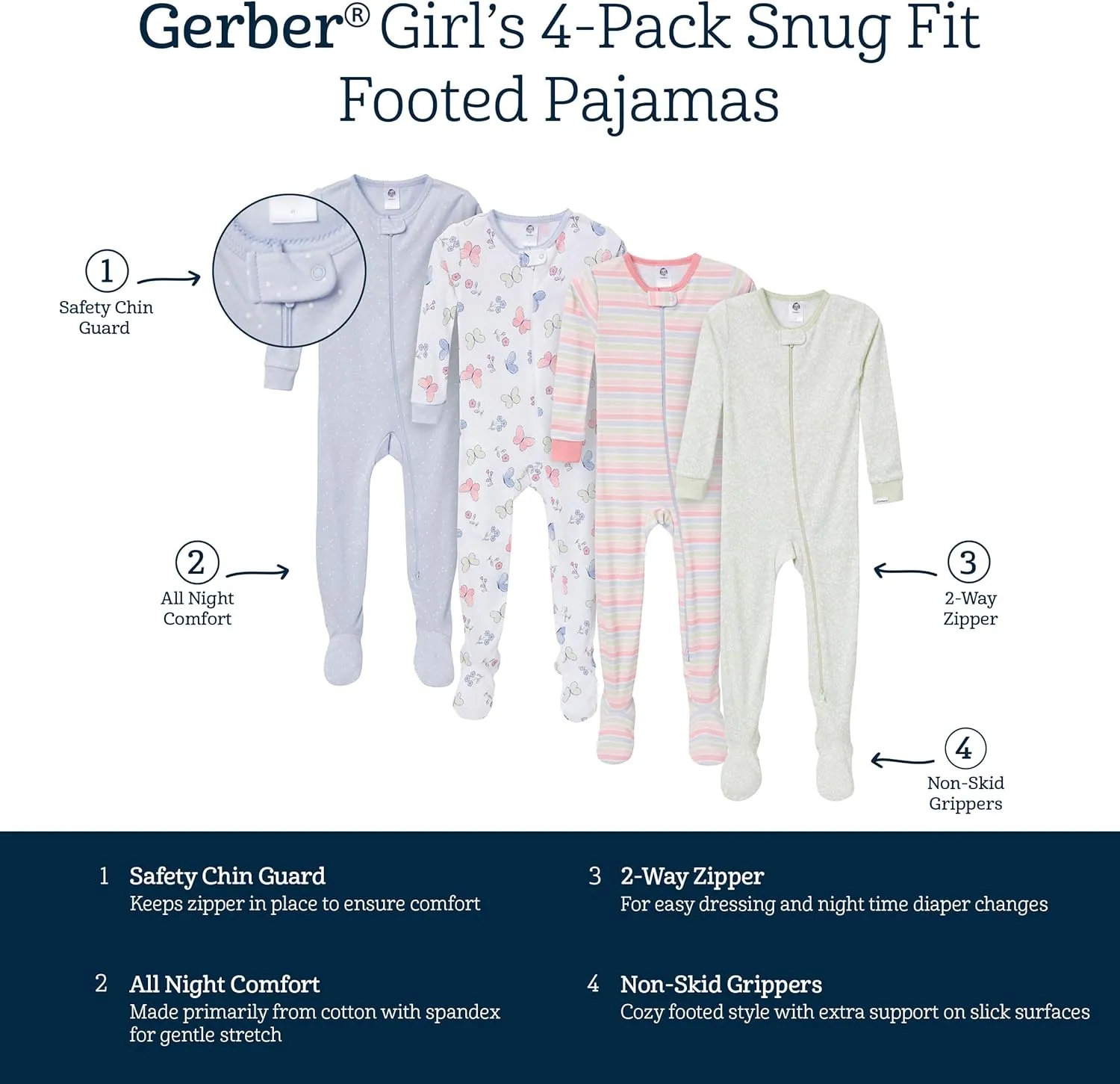 Gerber Baby Girls' 4-Pack Footed Pajamas