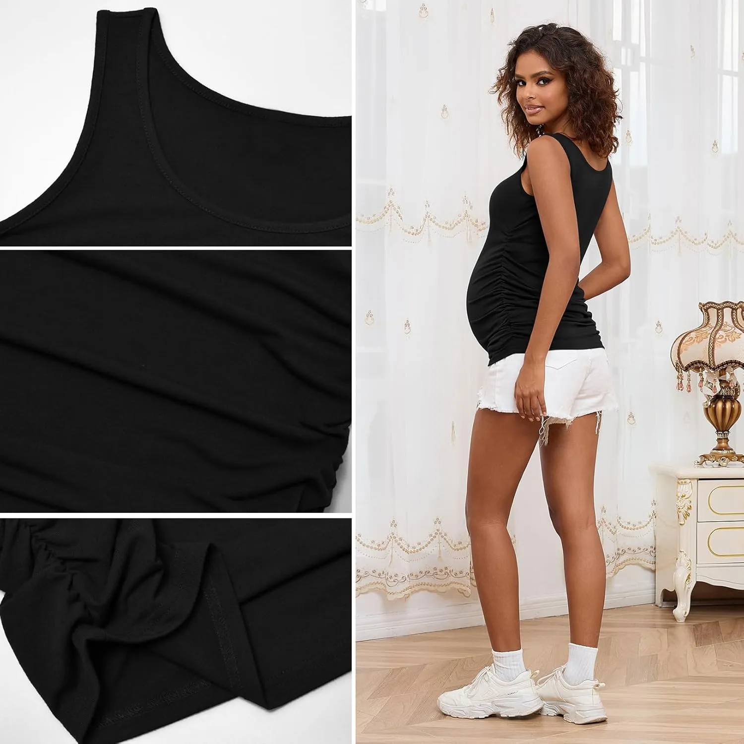 GINKANA Maternity Tank Tops Sleeveless Ruched Basic Tops Maternity Shirt Vest Mama Clothes