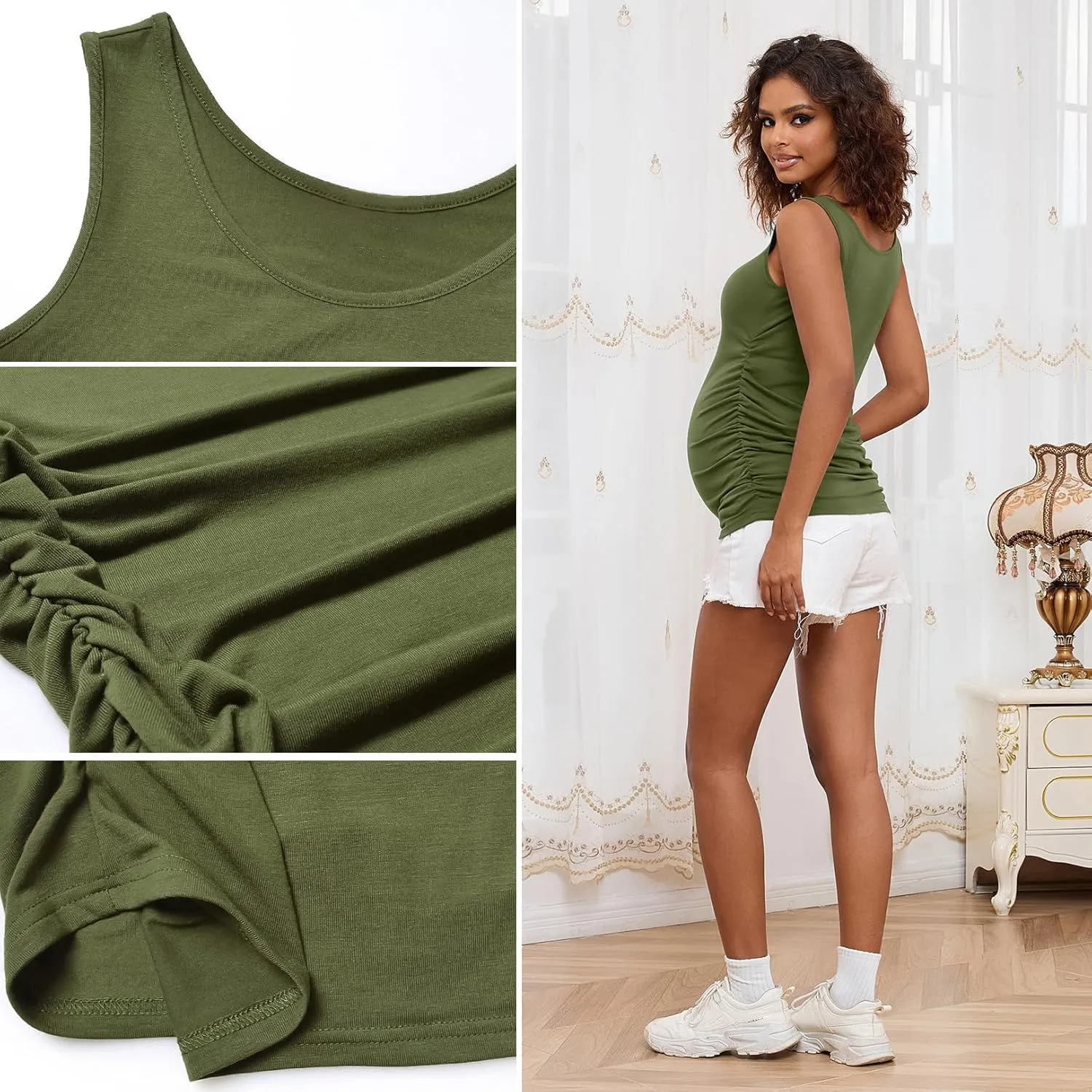 GINKANA Maternity Tank Tops Sleeveless Ruched Basic Tops Maternity Shirt Vest Mama Clothes