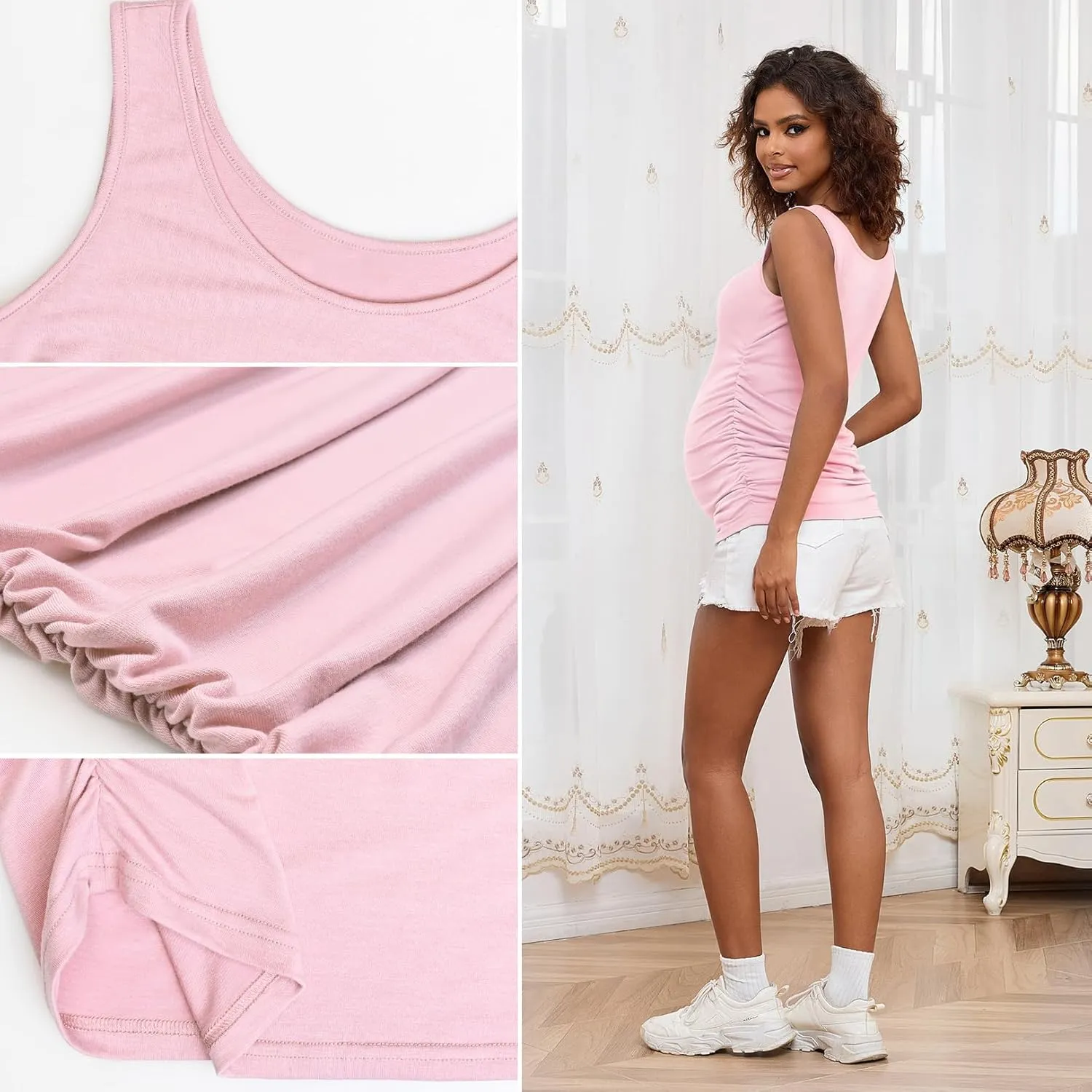 GINKANA Maternity Tank Tops Sleeveless Ruched Basic Tops Maternity Shirt Vest Mama Clothes