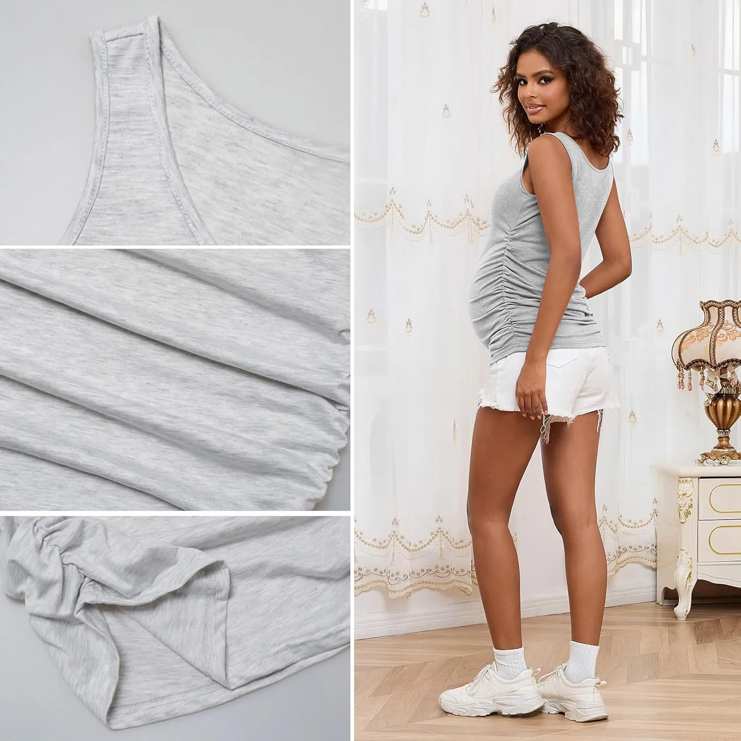 GINKANA Maternity Tank Tops Sleeveless Ruched Basic Tops Maternity Shirt Vest Mama Clothes