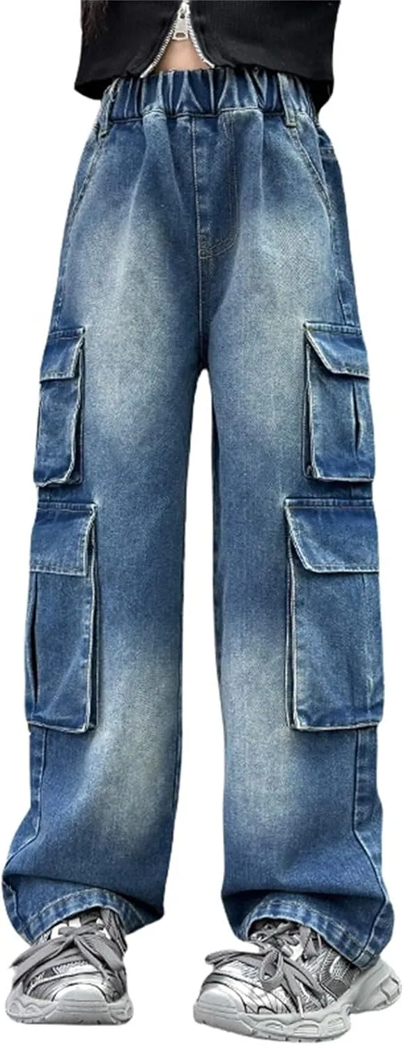 Girls Baggy Wide Leg Jeans Elastic Waist Denim Pants Cargo Pant Kids Casual Distressed Multi Pocket Streetwear Clothing