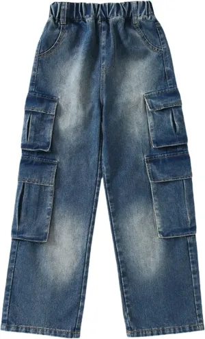 Girls Baggy Wide Leg Jeans Elastic Waist Denim Pants Cargo Pant Kids Casual Distressed Multi Pocket Streetwear Clothing