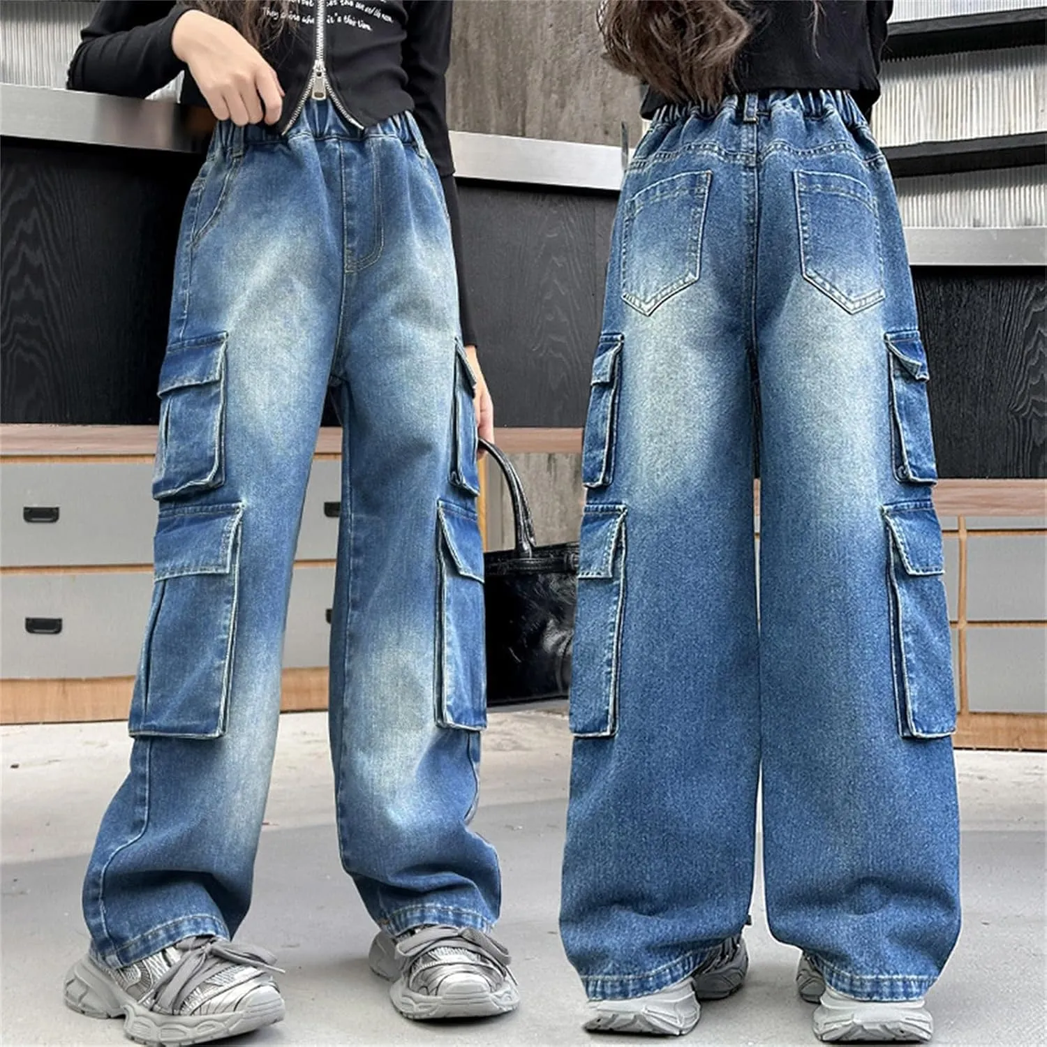 Girls Baggy Wide Leg Jeans Elastic Waist Denim Pants Cargo Pant Kids Casual Distressed Multi Pocket Streetwear Clothing
