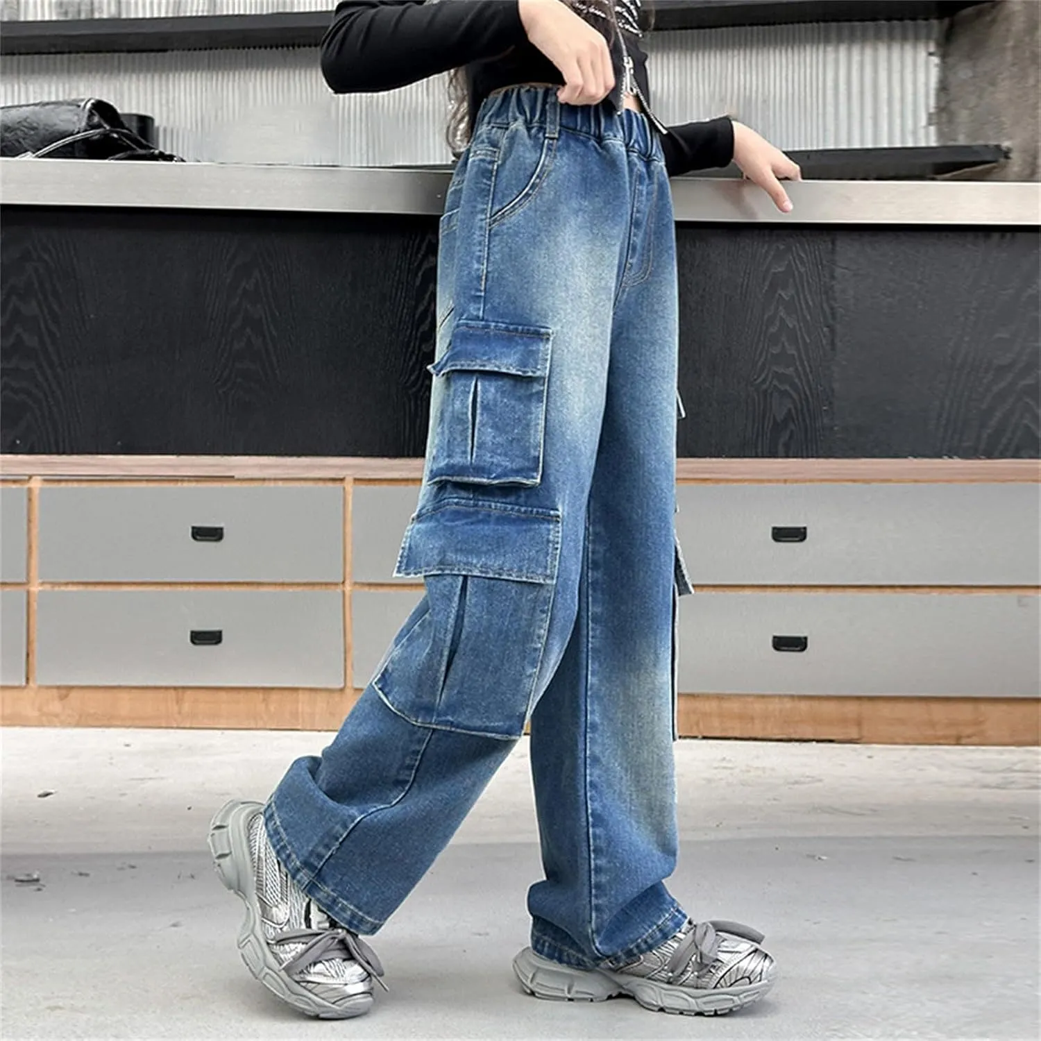 Girls Baggy Wide Leg Jeans Elastic Waist Denim Pants Cargo Pant Kids Casual Distressed Multi Pocket Streetwear Clothing