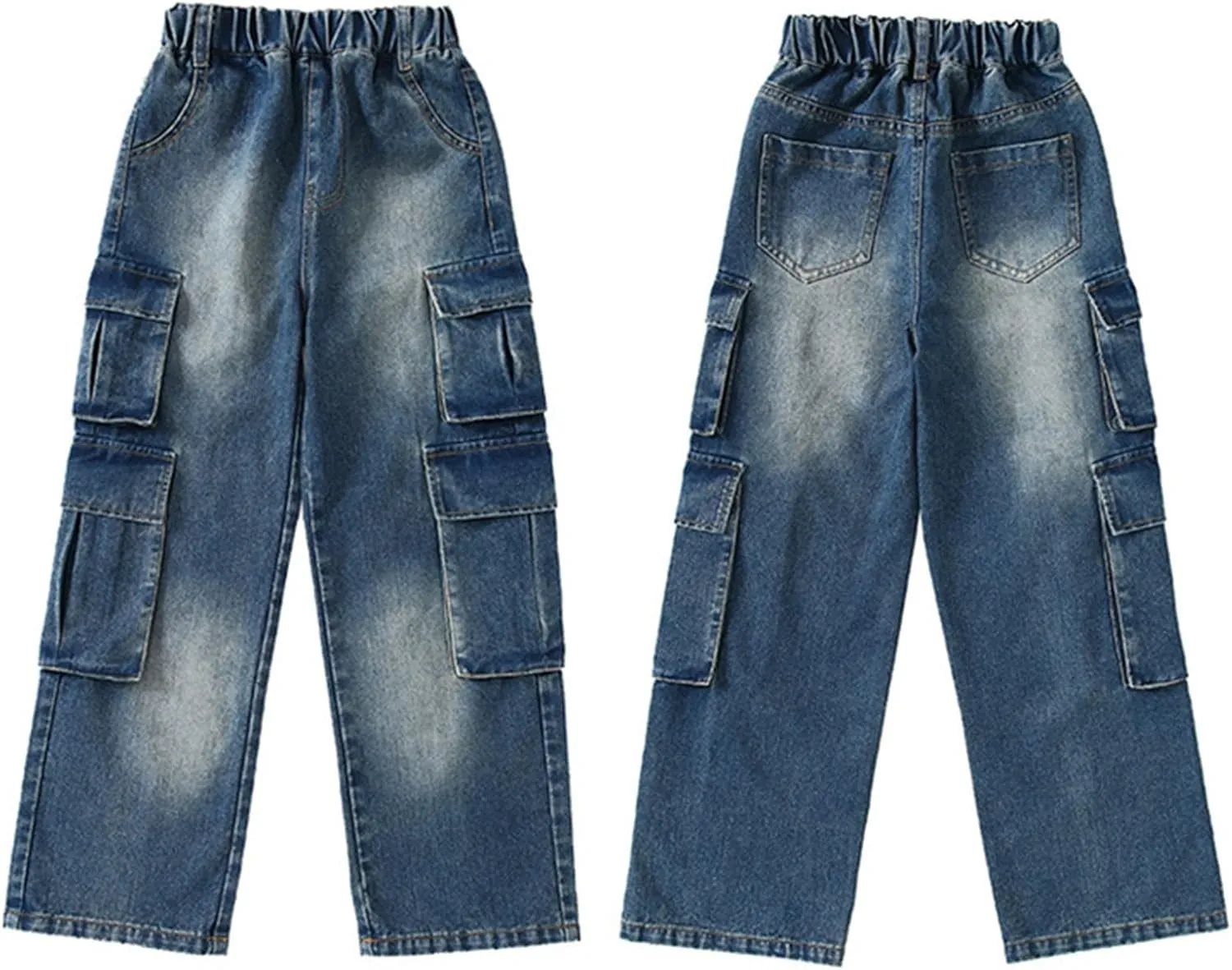 Girls Baggy Wide Leg Jeans Elastic Waist Denim Pants Cargo Pant Kids Casual Distressed Multi Pocket Streetwear Clothing