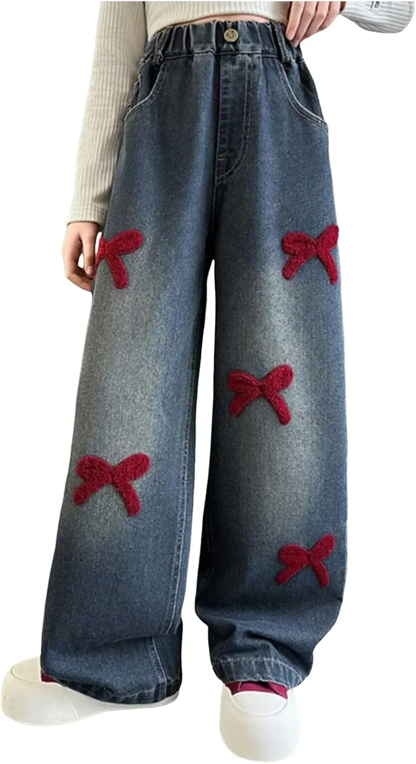 Girls Jeans Wide Leg Baggy Denim Pants High Elastic Waist Cute 3D Bowknot Trousers Trendy Y2k Streetwear Kids Jeans