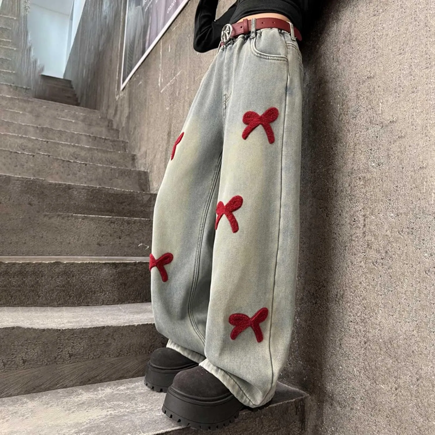 Girls Jeans Wide Leg Baggy Denim Pants High Elastic Waist Cute 3D Bowknot Trousers Trendy Y2k Streetwear Kids Jeans
