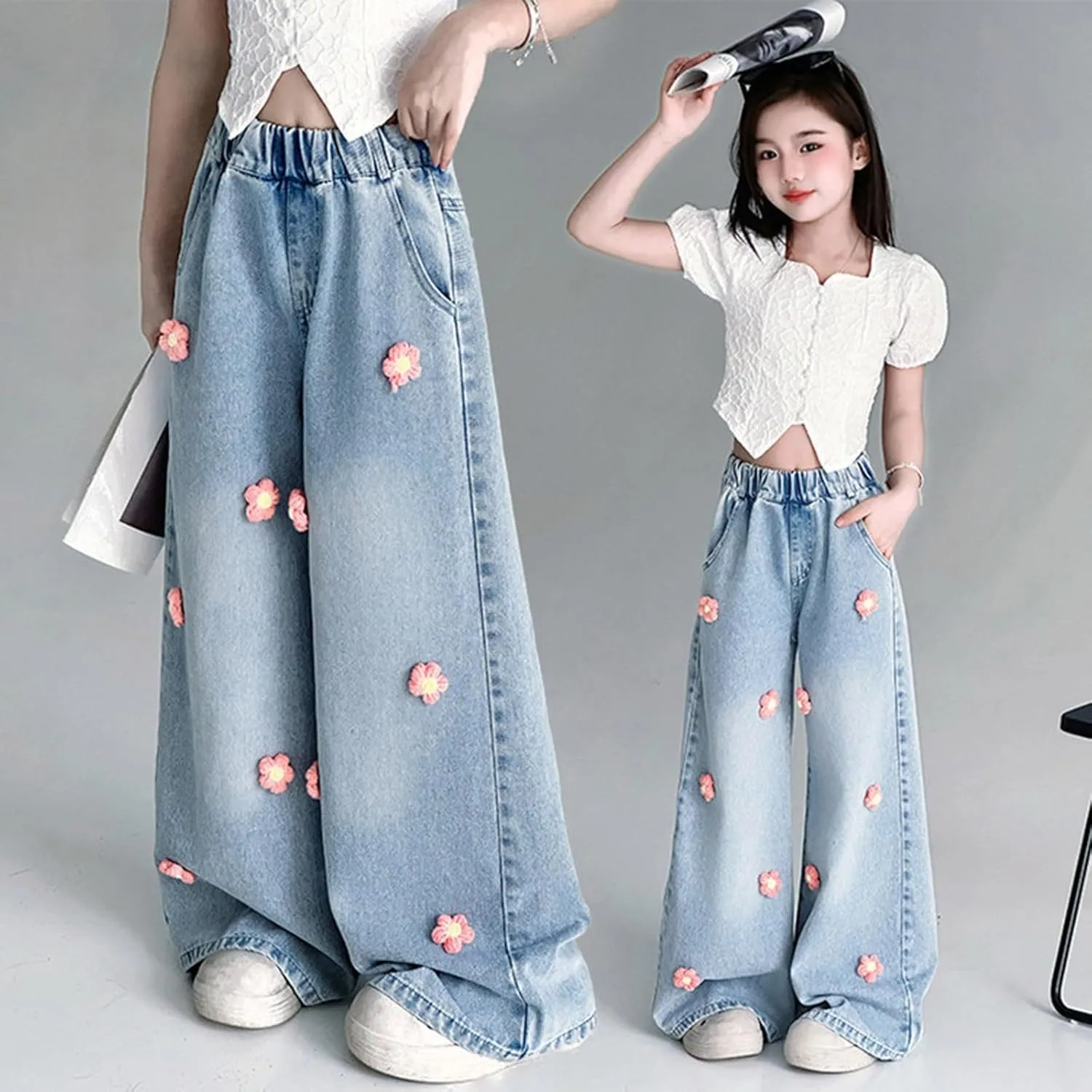Girls Jeans Wide Leg Baggy Denim Pants High Elastic Waist Cute 3D Bowknot Trousers Trendy Y2k Streetwear Kids Jeans