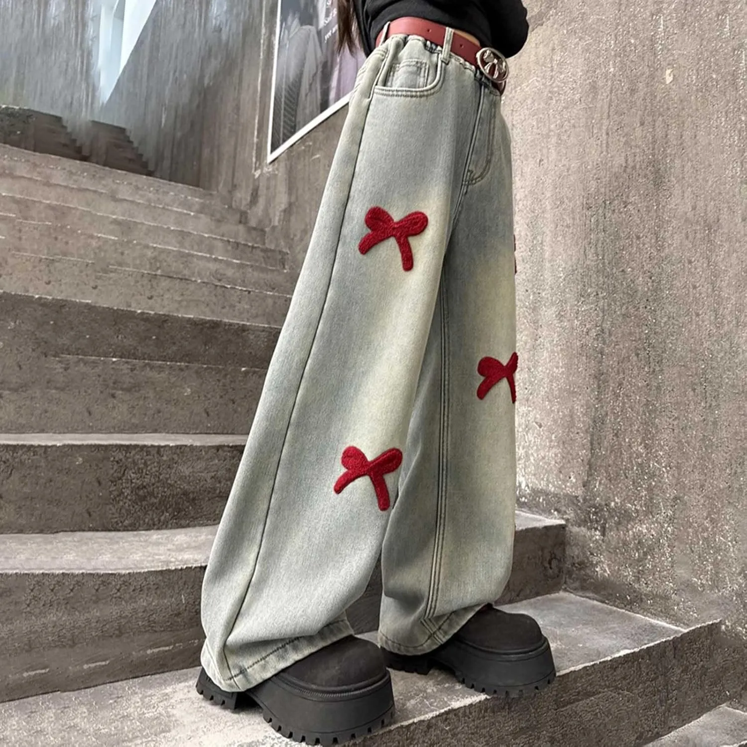 Girls Jeans Wide Leg Baggy Denim Pants High Elastic Waist Cute 3D Bowknot Trousers Trendy Y2k Streetwear Kids Jeans
