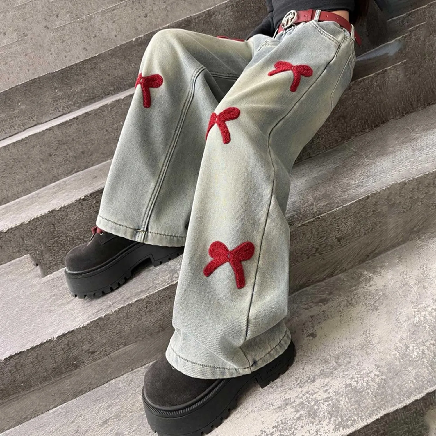 Girls Jeans Wide Leg Baggy Denim Pants High Elastic Waist Cute 3D Bowknot Trousers Trendy Y2k Streetwear Kids Jeans