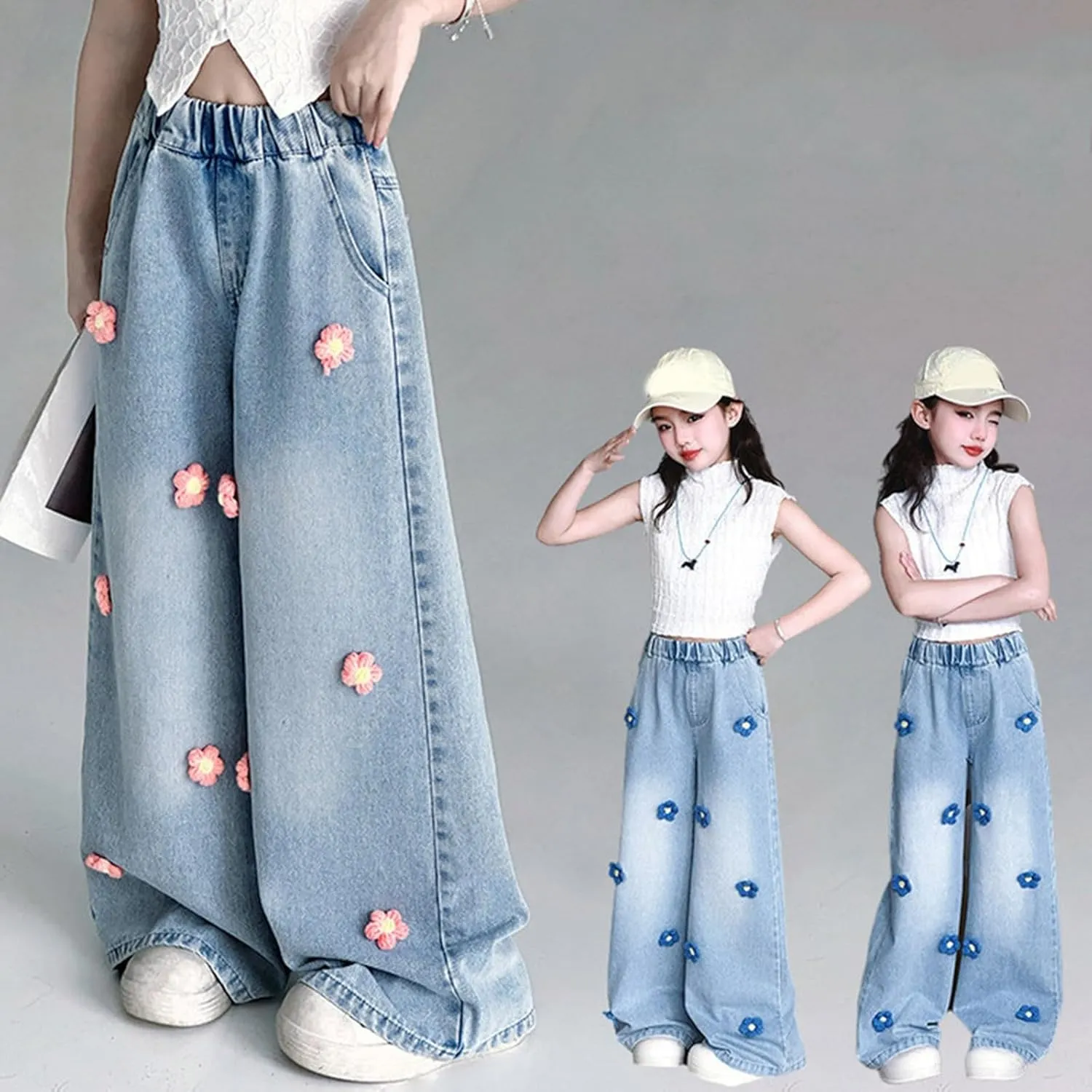 Girls Jeans Wide Leg Baggy Denim Pants High Elastic Waist Cute 3D Bowknot Trousers Trendy Y2k Streetwear Kids Jeans