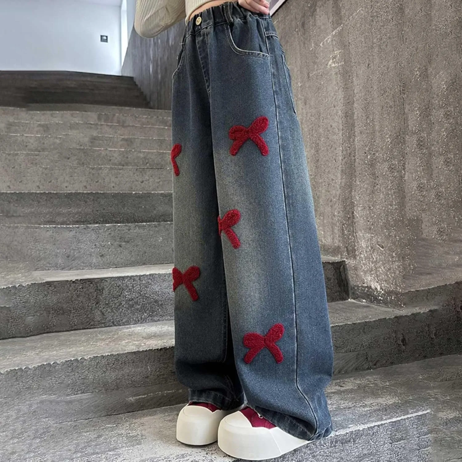 Girls Jeans Wide Leg Baggy Denim Pants High Elastic Waist Cute 3D Bowknot Trousers Trendy Y2k Streetwear Kids Jeans
