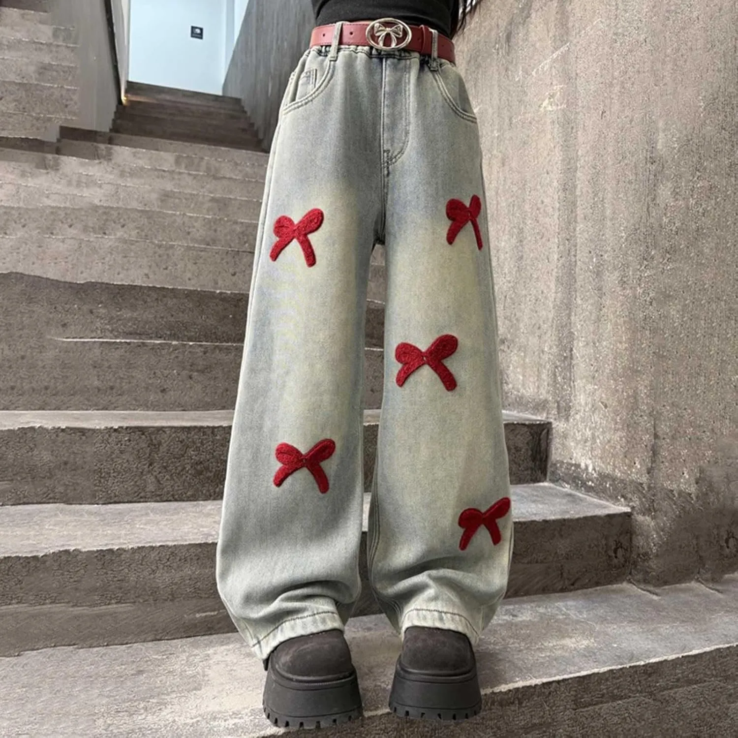 Girls Jeans Wide Leg Baggy Denim Pants High Elastic Waist Cute 3D Bowknot Trousers Trendy Y2k Streetwear Kids Jeans