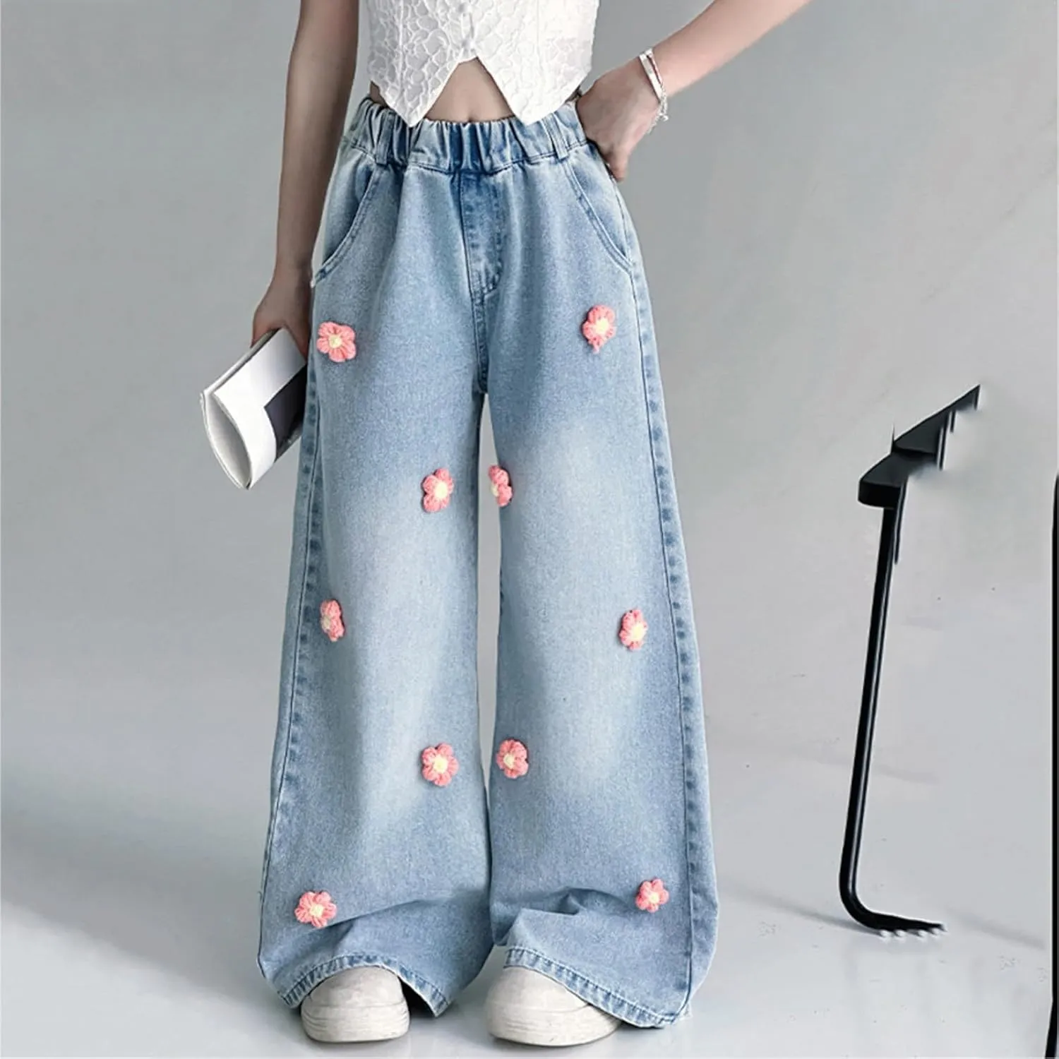 Girls Jeans Wide Leg Baggy Denim Pants High Elastic Waist Cute 3D Bowknot Trousers Trendy Y2k Streetwear Kids Jeans