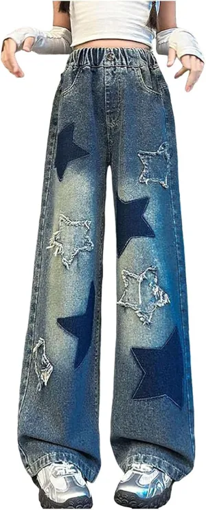 Girls Jeans Wide Leg Baggy Denim Pants High Elastic Waist Cute 3D Bowknot Trousers Trendy Y2k Streetwear Kids Jeans