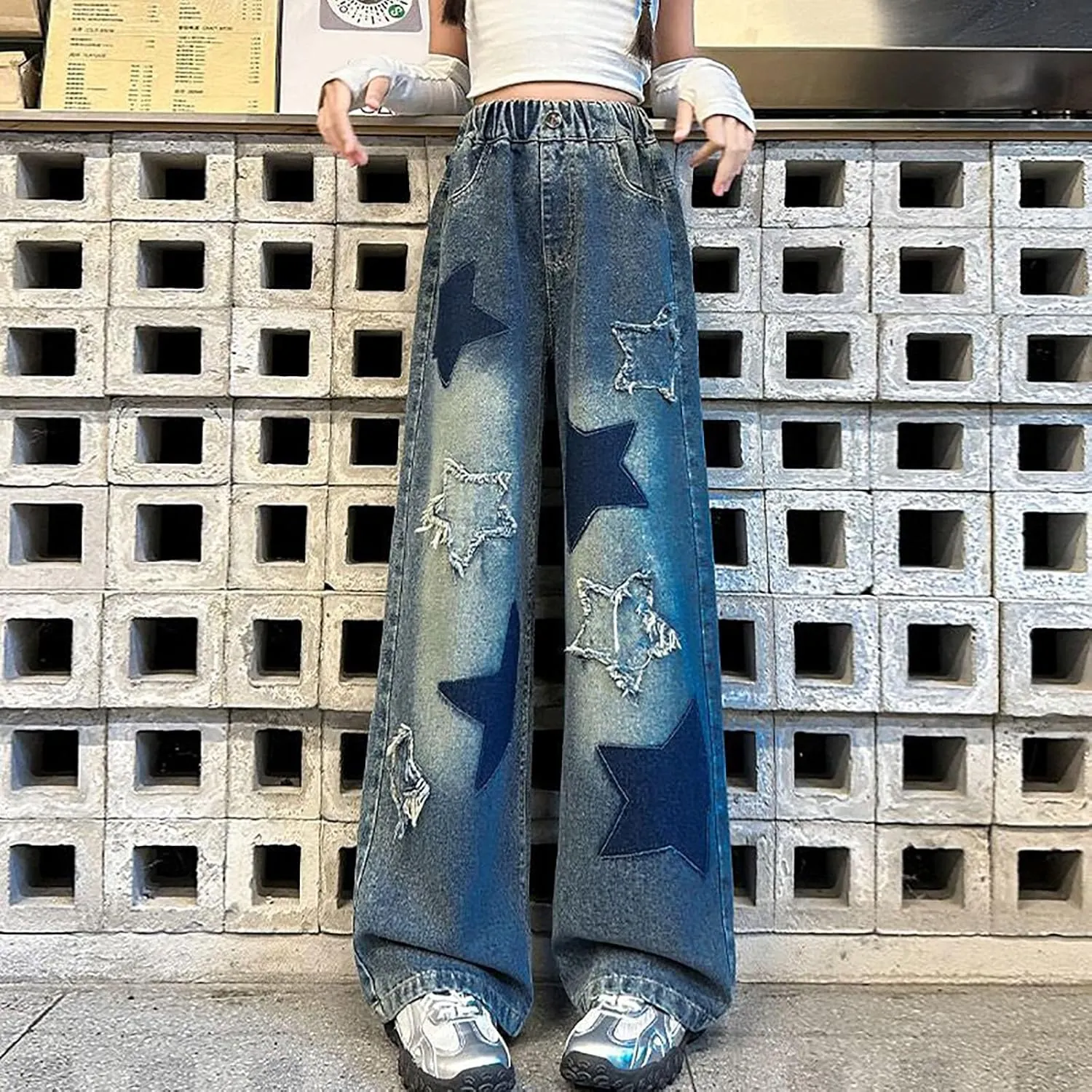 Girls Jeans Wide Leg Baggy Denim Pants High Elastic Waist Cute 3D Bowknot Trousers Trendy Y2k Streetwear Kids Jeans