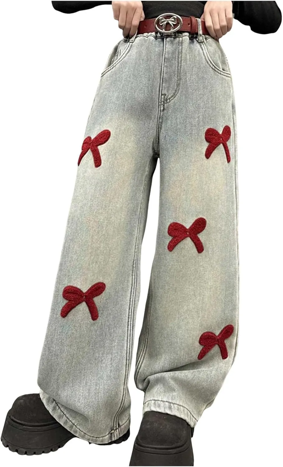 Girls Jeans Wide Leg Baggy Denim Pants High Elastic Waist Cute 3D Bowknot Trousers Trendy Y2k Streetwear Kids Jeans