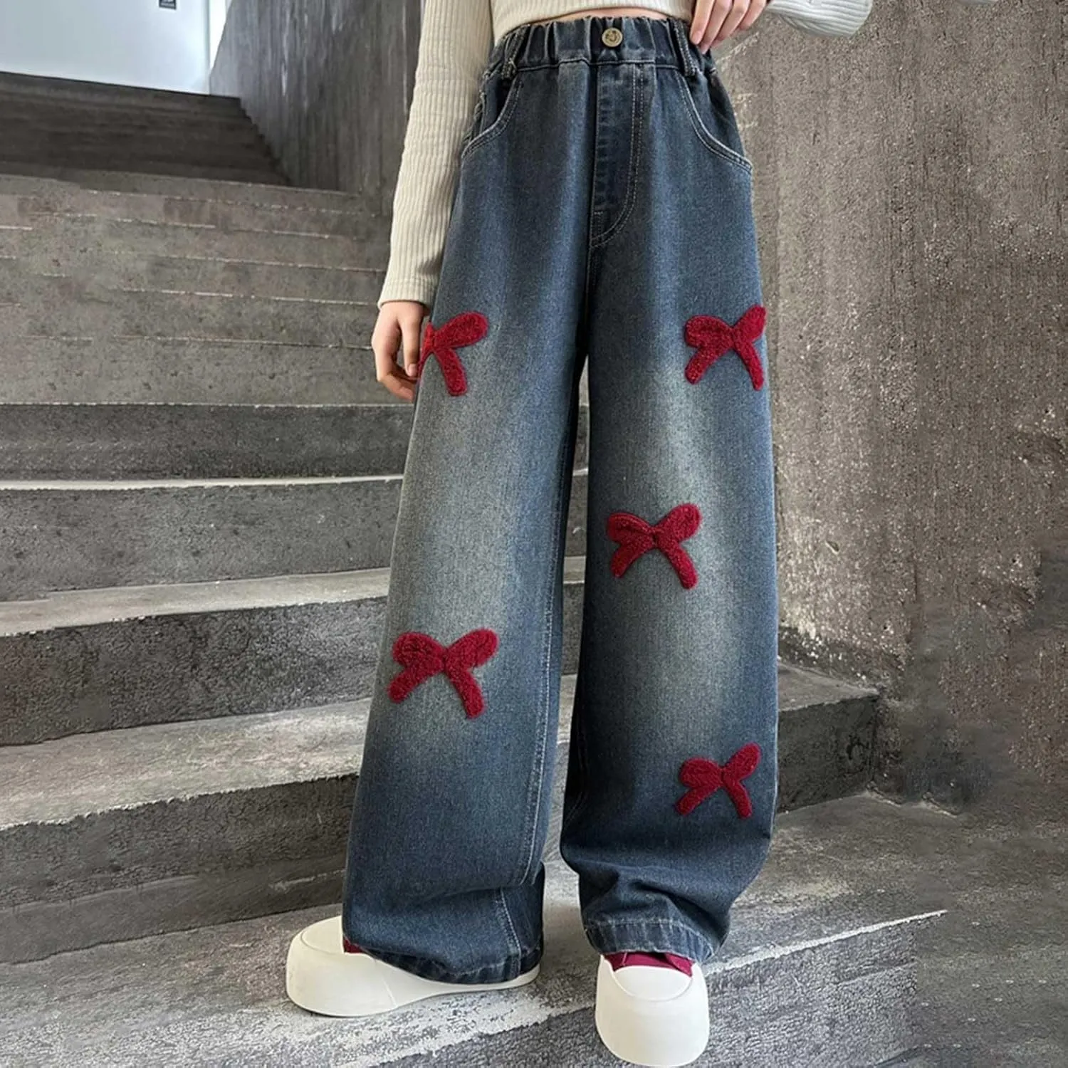 Girls Jeans Wide Leg Baggy Denim Pants High Elastic Waist Cute 3D Bowknot Trousers Trendy Y2k Streetwear Kids Jeans