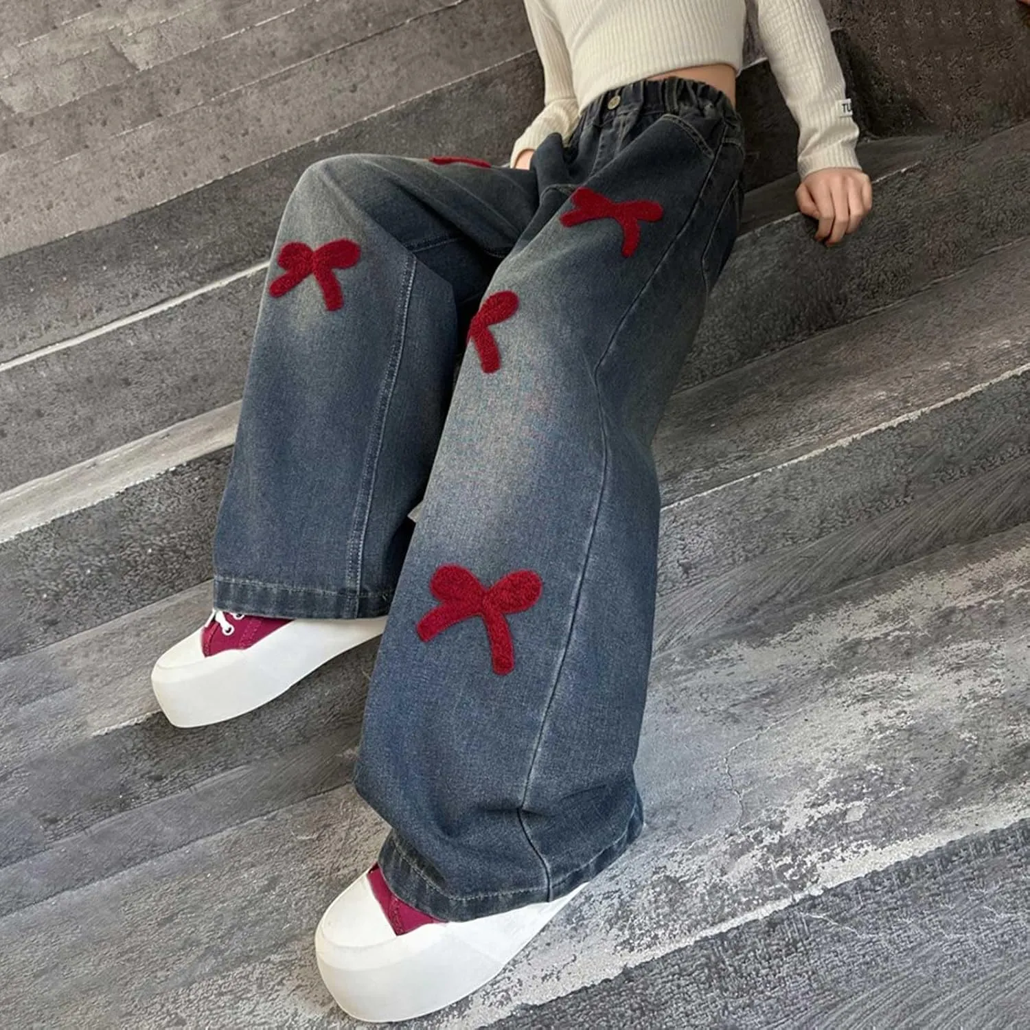 Girls Jeans Wide Leg Baggy Denim Pants High Elastic Waist Cute 3D Bowknot Trousers Trendy Y2k Streetwear Kids Jeans