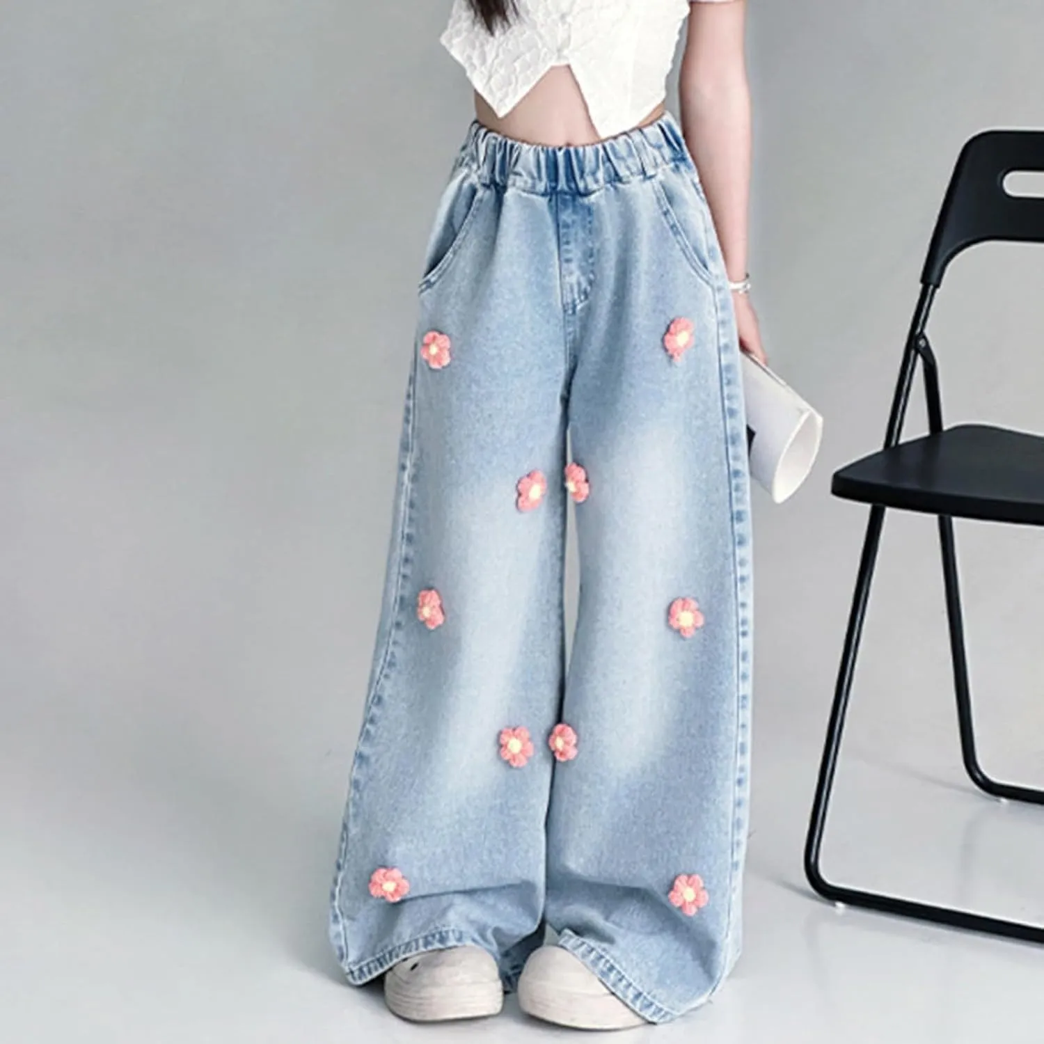 Girls Jeans Wide Leg Baggy Denim Pants High Elastic Waist Cute 3D Bowknot Trousers Trendy Y2k Streetwear Kids Jeans