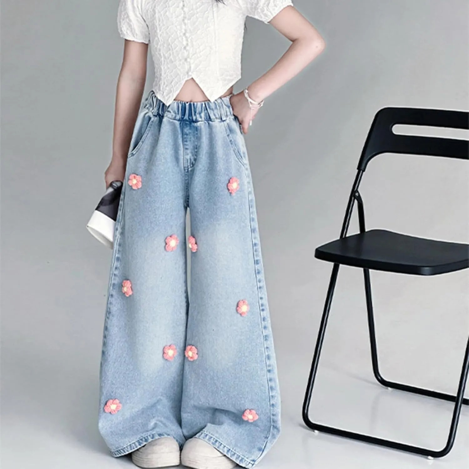 Girls Jeans Wide Leg Baggy Denim Pants High Elastic Waist Cute 3D Bowknot Trousers Trendy Y2k Streetwear Kids Jeans