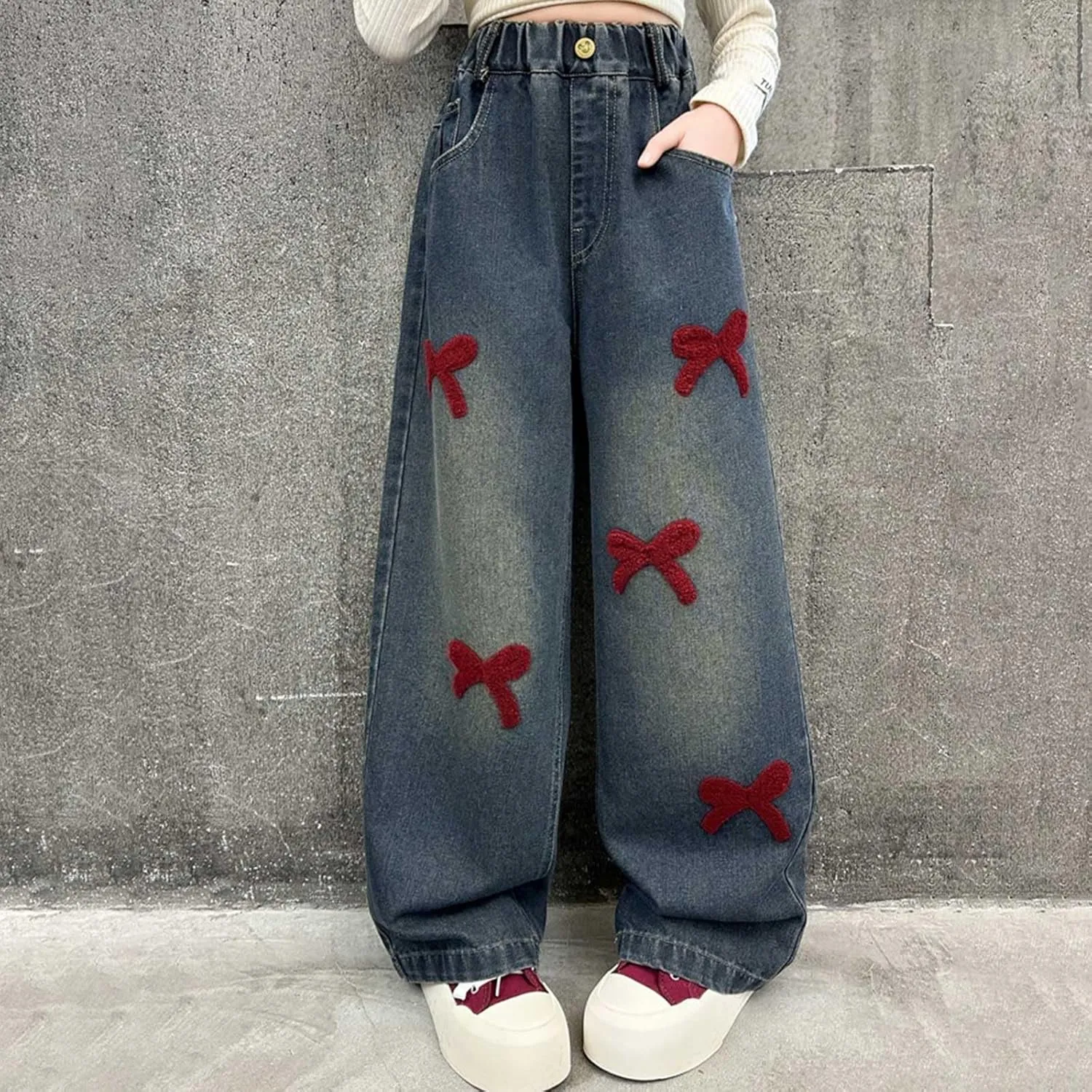 Girls Jeans Wide Leg Baggy Denim Pants High Elastic Waist Cute 3D Bowknot Trousers Trendy Y2k Streetwear Kids Jeans