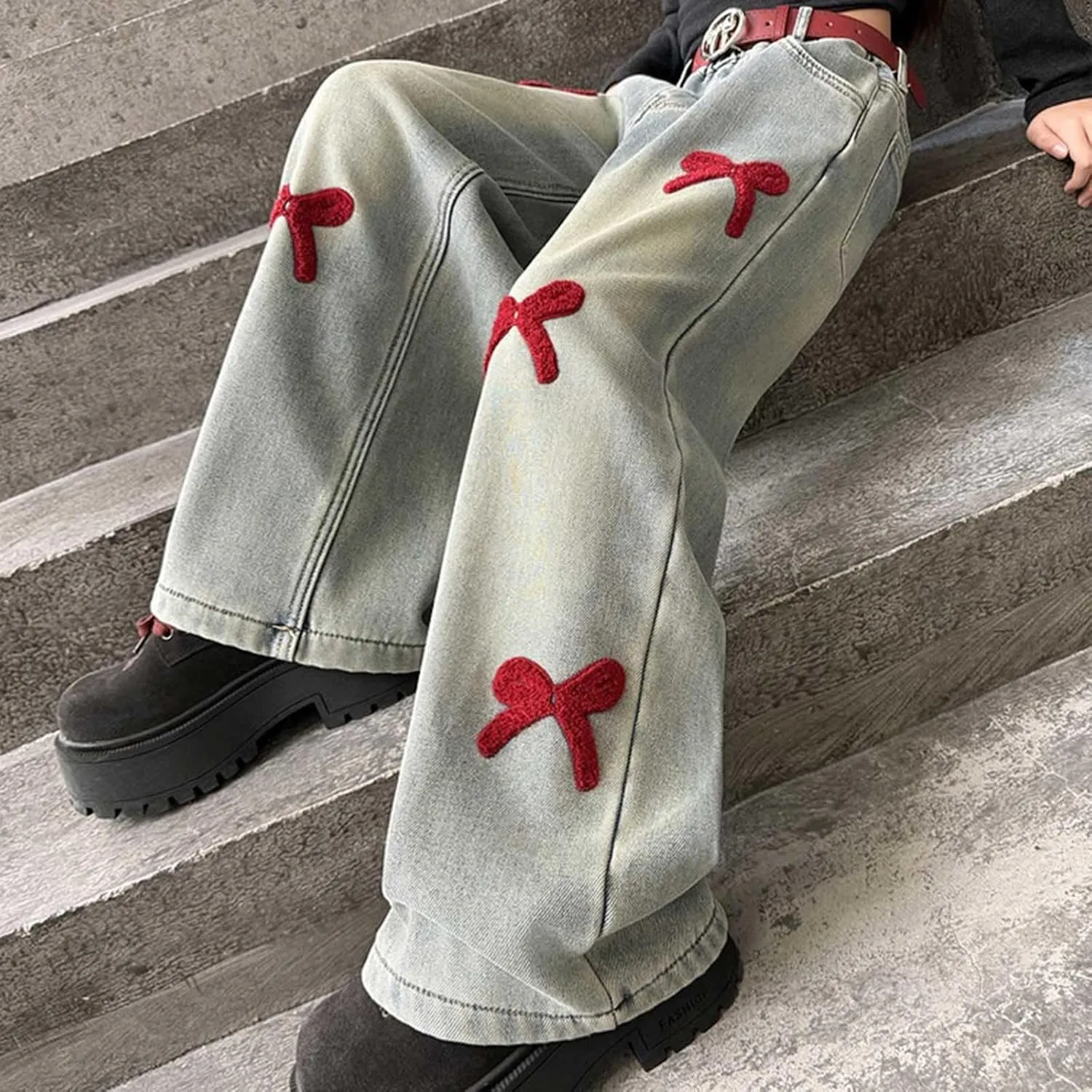Girls Jeans Wide Leg Baggy Denim Pants High Elastic Waist Cute 3D Bowknot Trousers Trendy Y2k Streetwear Kids Jeans