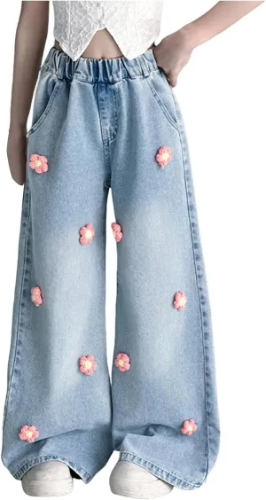 Girls Jeans Wide Leg Baggy Denim Pants High Elastic Waist Cute 3D Bowknot Trousers Trendy Y2k Streetwear Kids Jeans