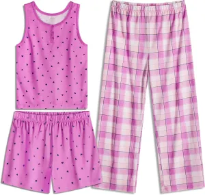 Girls Pajamas Set - 3-Piece PJs Set, Tee, Pants & Shorts, Soft Girls’ Sleepwear, Teen Kids Pajamas, Sizes 5-16