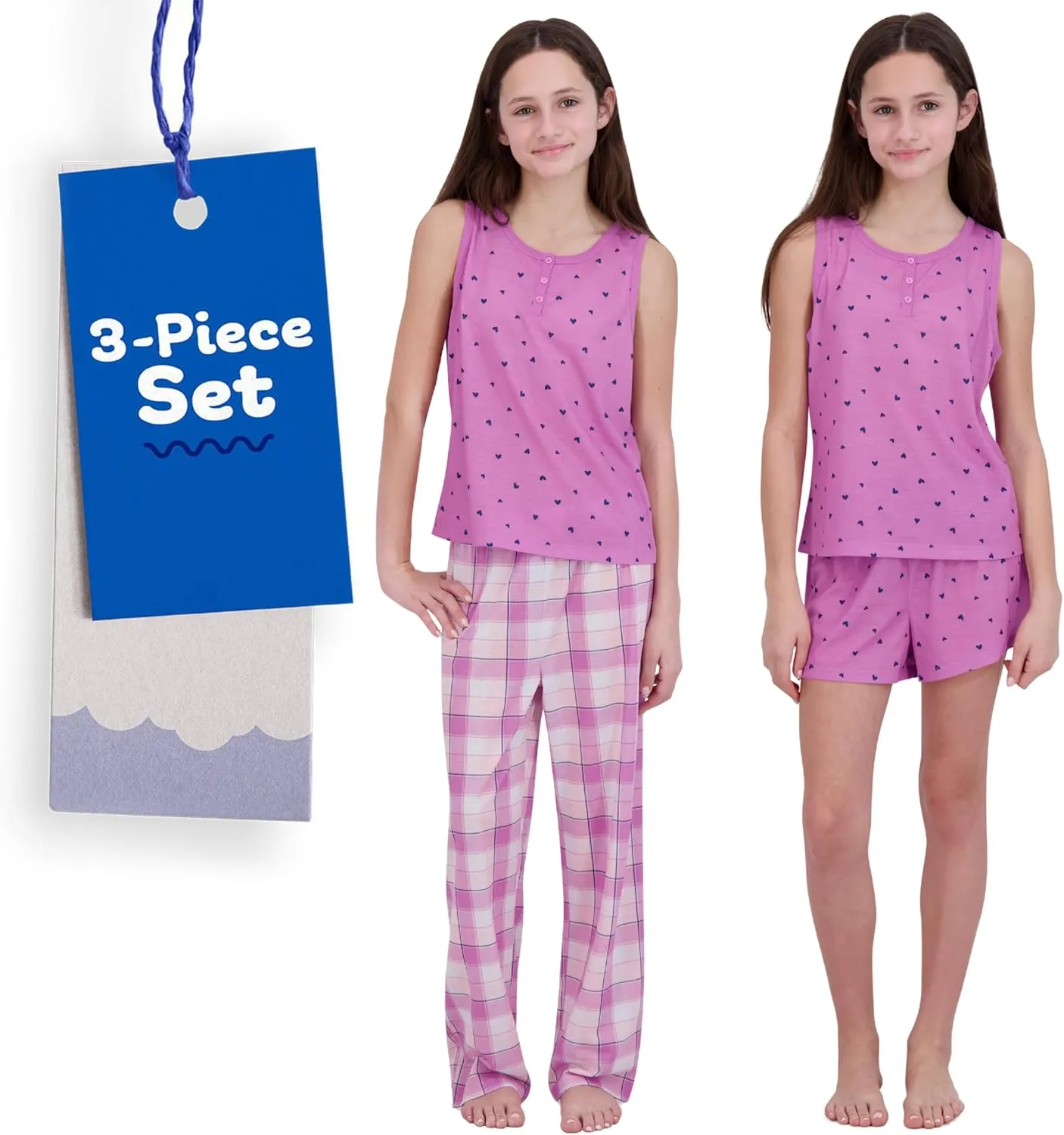 Girls Pajamas Set - 3-Piece PJs Set, Tee, Pants & Shorts, Soft Girls’ Sleepwear, Teen Kids Pajamas, Sizes 5-16