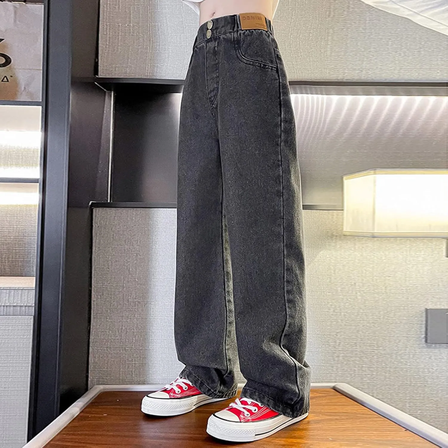 Girls Toddler Wide Leg Jeans Baggy Denim Pants Elastic Waist Loose Straight Trousers with Pockets Streetwear Clothes