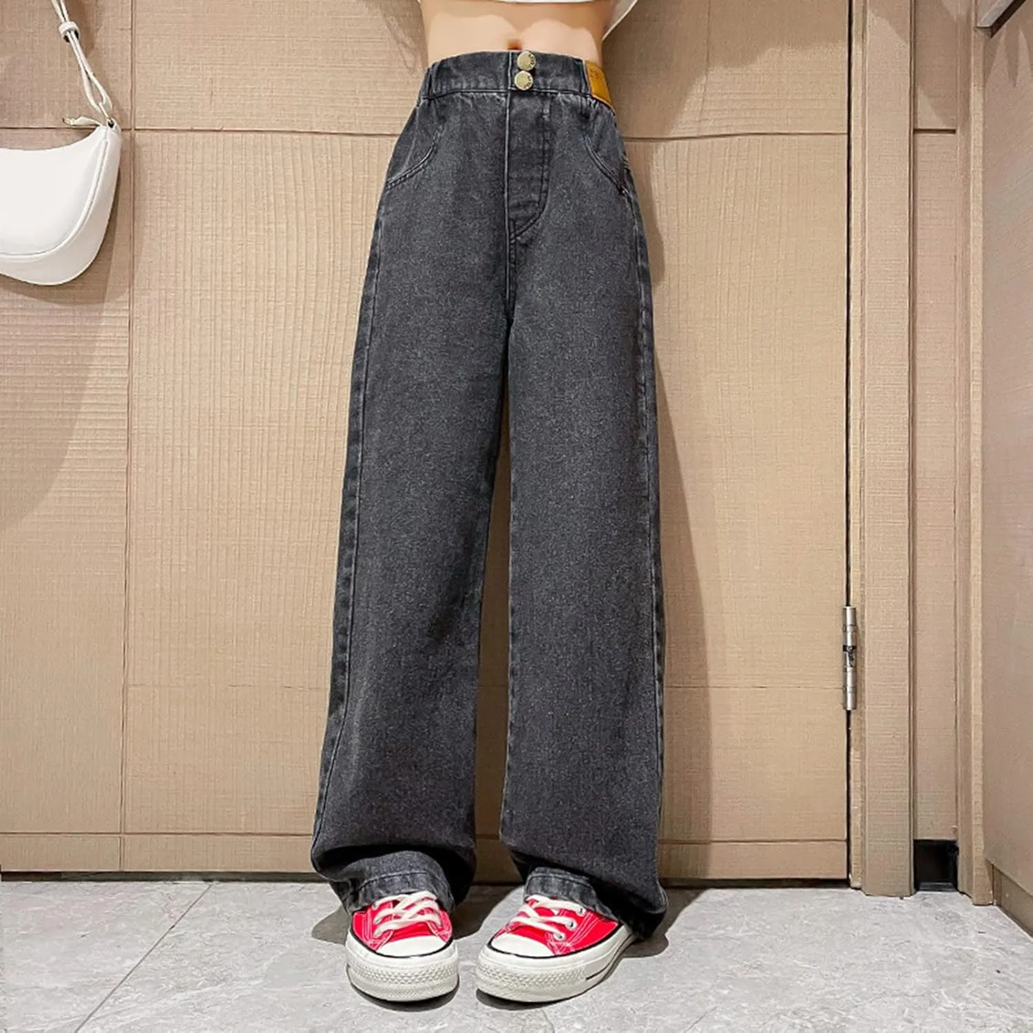 Girls Toddler Wide Leg Jeans Baggy Denim Pants Elastic Waist Loose Straight Trousers with Pockets Streetwear Clothes