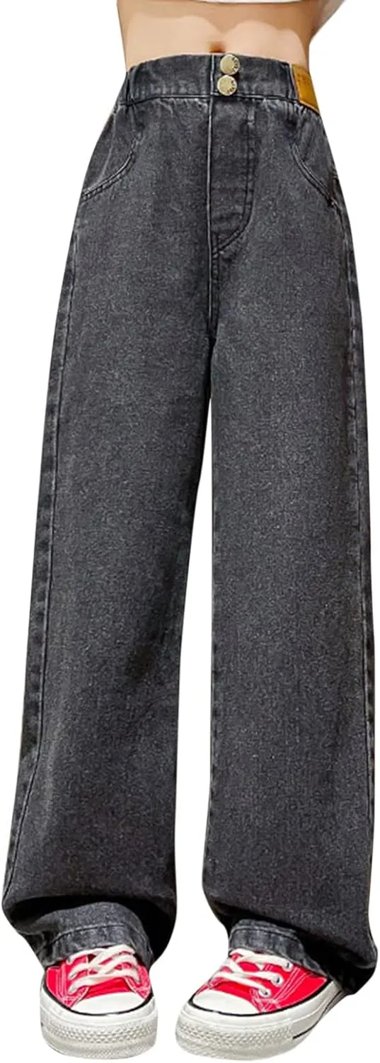 Girls Toddler Wide Leg Jeans Baggy Denim Pants Elastic Waist Loose Straight Trousers with Pockets Streetwear Clothes