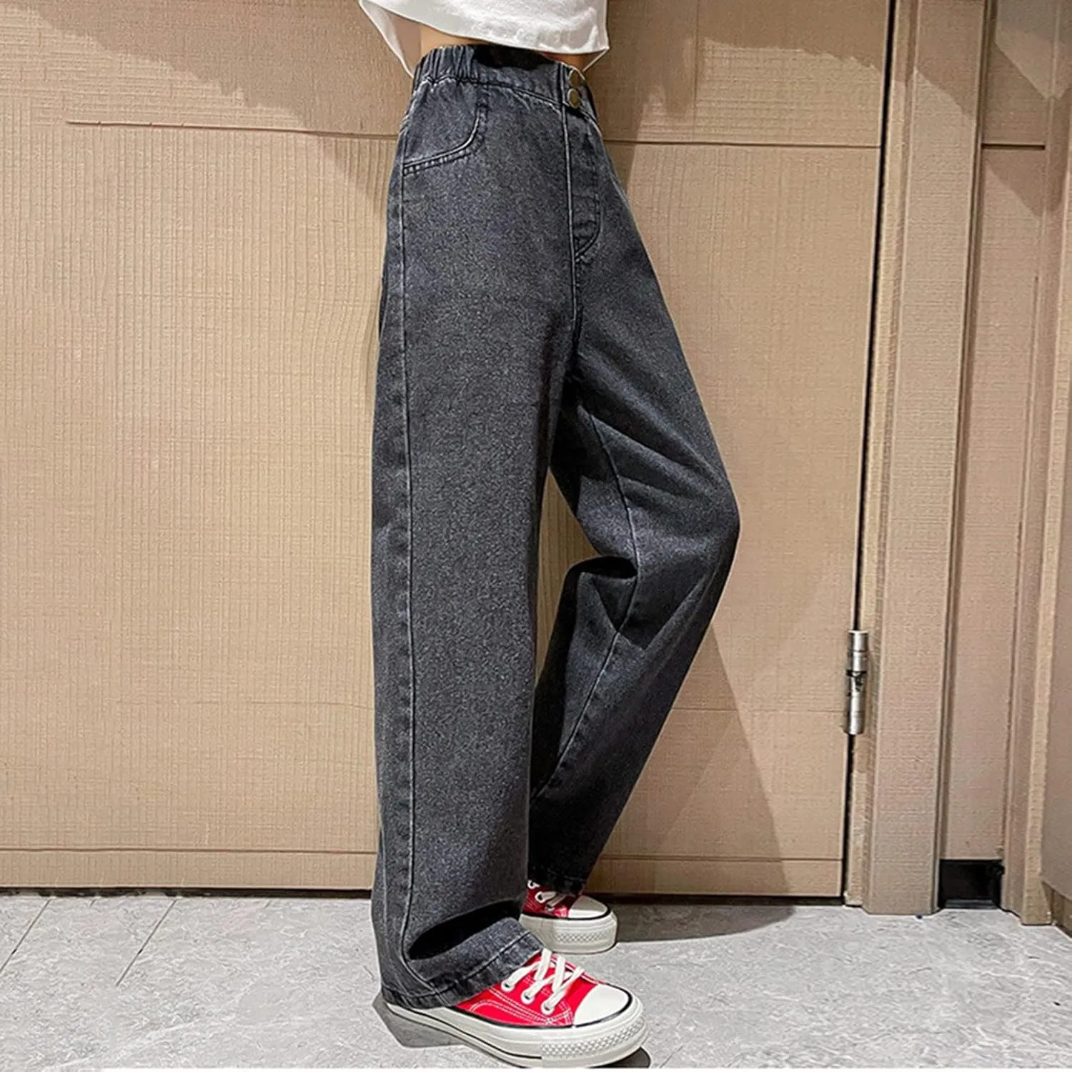 Girls Toddler Wide Leg Jeans Baggy Denim Pants Elastic Waist Loose Straight Trousers with Pockets Streetwear Clothes