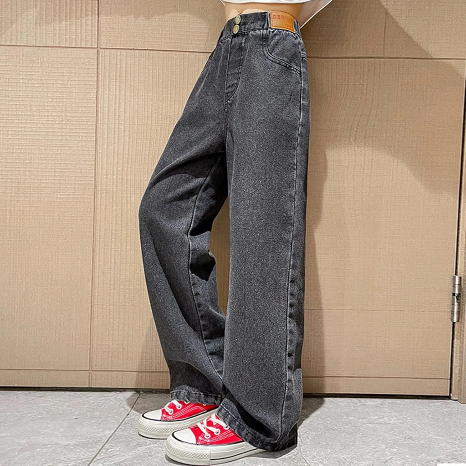 Girls Toddler Wide Leg Jeans Baggy Denim Pants Elastic Waist Loose Straight Trousers with Pockets Streetwear Clothes