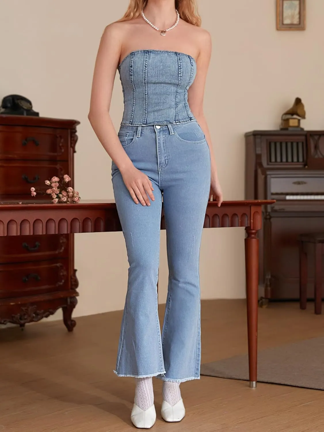GORGLITTER Women's Denim Corset Top Zip Up Back Strapless Denim Tube Top Sleeveless Fitted Y2K Crop Denim Top