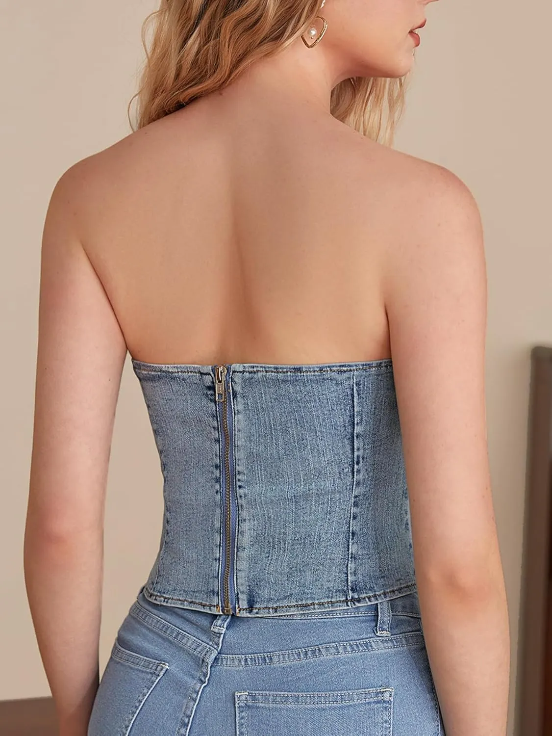 GORGLITTER Women's Denim Corset Top Zip Up Back Strapless Denim Tube Top Sleeveless Fitted Y2K Crop Denim Top